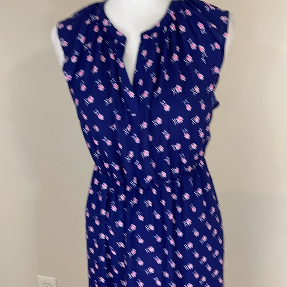 J Crew Sleeveless Navy and Pink Floral Dress with Bottom Ruffle XS - Picture 2 of 15